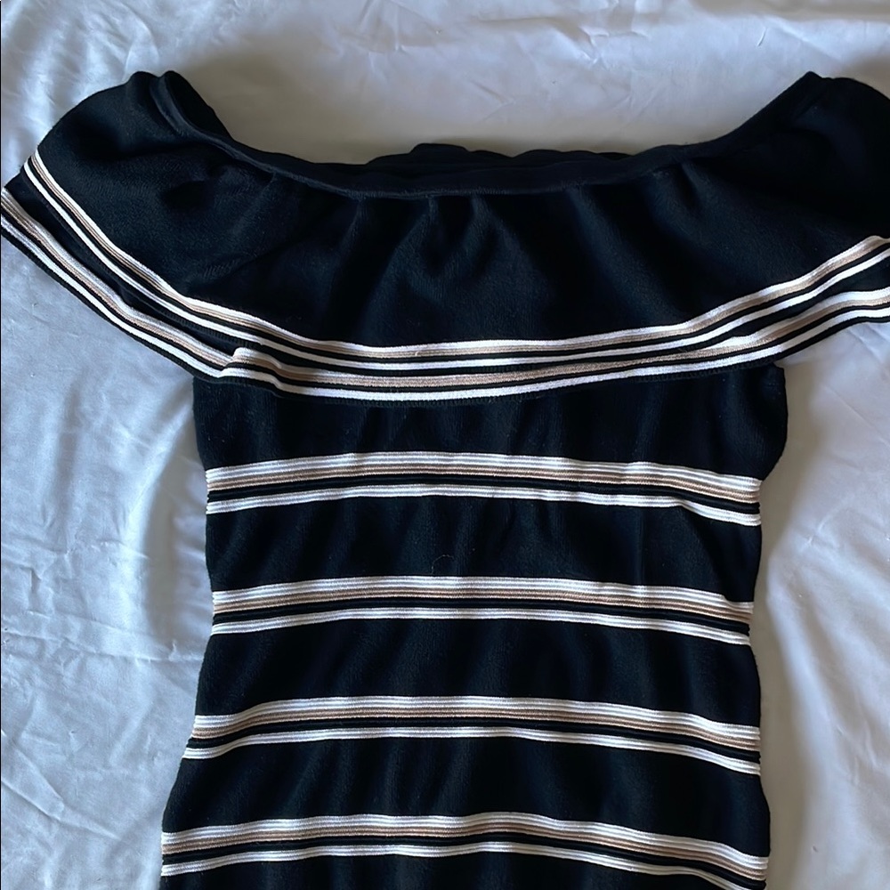 Black and White Striped Off-Shoulder Sweater
